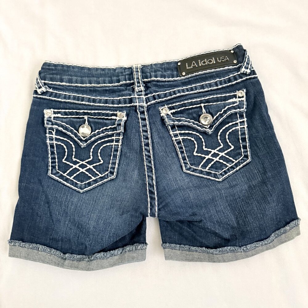 LA Idols womens Shorts M Blue Embroidered Rhinestones Stretch